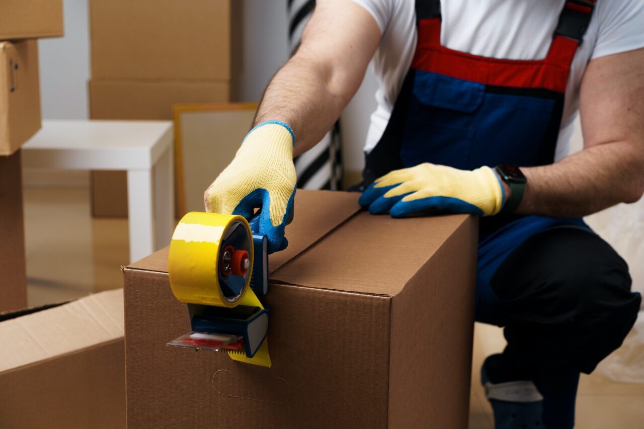 Furniture Removalists Sydney 4 man mover in uniform packing boxes with scotch tape