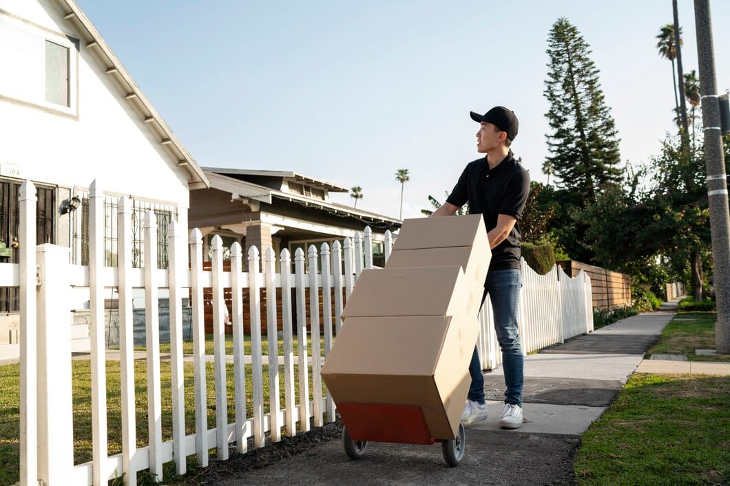 delivery person getting parcel out delivery 23 2149371947